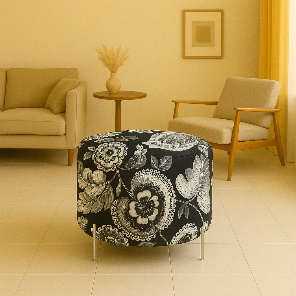 Bold Black Floral Square Puffy FootStool