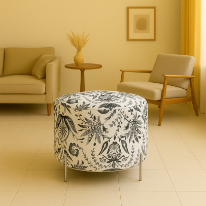 Bold Black Floral Square Puffy Footstool